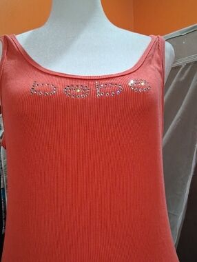 bebe Coral Ribbed Tank with Crystal Logo Detail